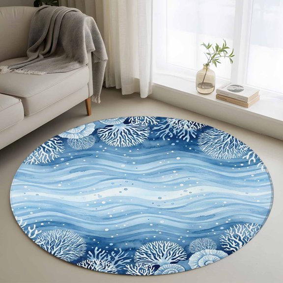 Nautical Coastal Round Area Rug 3Ft Washable Small Circle Rugs for Kitchen Entryway, Summer Ocean Marine Corals Couch Waves Blue Non-Slip Carpet Floor Mats Indoor Outdoor Carpet Runner Home Decor