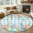 thumbnail image 1 of Nautical Coastal Round Area Rug 5Ft Washable Circle Rugs for Living Room Bedroom, Summer Beach Shell Coral Seaweed Blue Plaid Non-Slip Carpet Floor Mats Indoor Outdoor Carpet Runner Home Decor, 1 of 8