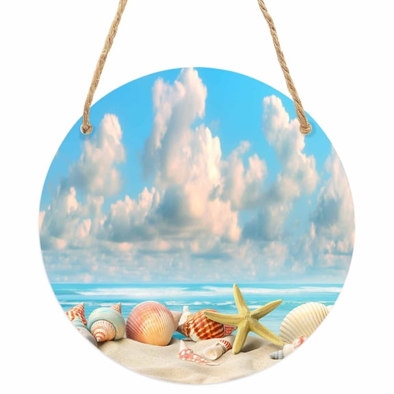 Nautical Coastal Round Front Door Welcome Sign, 5.9 Inch Wall Hanging Decor for Indoor Outdoor, Summer Beach Shell Conch Starfish Blue Home Porch Hanger Decorations for Holiday Gift