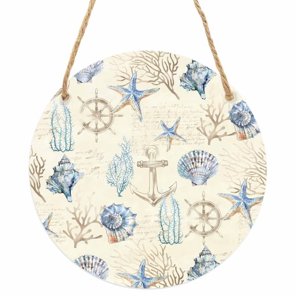 Nautical Coastal Round Front Door Welcome Sign, 5.9 Inch Wall Hanging Decor for Indoor Outdoor, Vintage Beach Coral Starfish Shell Home Porch Hanger Decorations for Holiday Gift