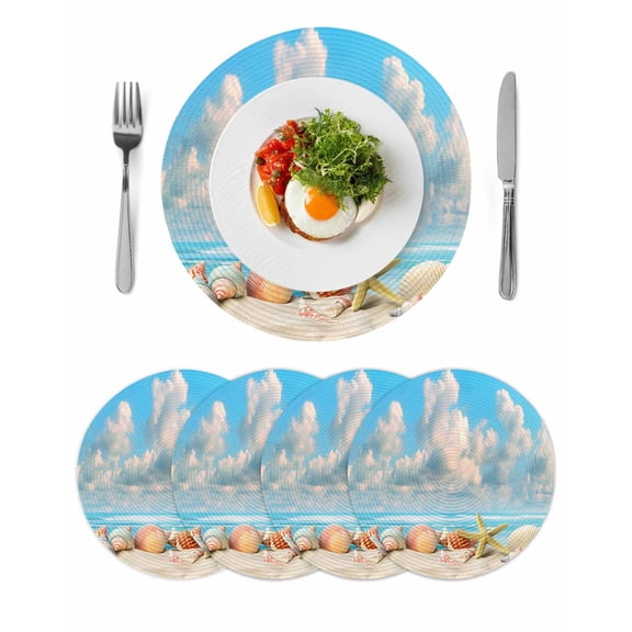 Nautical Coastal Round Placemats Set of 4, Braided Polypropylene Place Mats, Summer Beach Shell Conch Starfish Blue Washable Table Mats for Kitchen Dinner Holiday Wedding Party Coffee Table Decor 15"