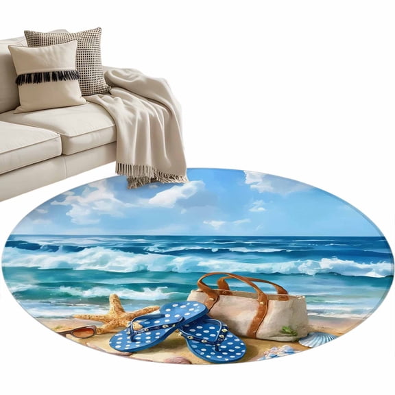 Nautical Coastal Round Rug 3ft Washable Circle Entryway Rugs Non Slip Summer Beach Flip Flops Bags Starfish Waves Area Rug Indoor Floor Carpet for Bedroom Kitchen Living Room Office Dining Room