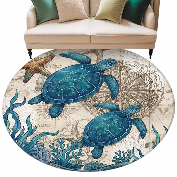 Nautical Coastal Round Rug 7ft Washable Circle Rugs Non Slip Retro Marine Life Turtle Map Compass Beige Large Area Rug Indoor Floor Carpet for Bedroom Kitchen Living Room Office Dining Room Nursery