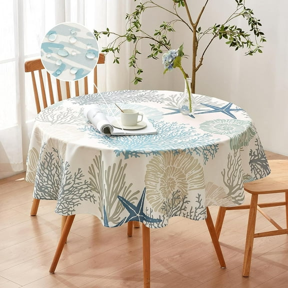 Nautical Coastal Round Tablecloth 60 Inch - Beach Ocean Print Table Cloth Waterproof Stain Resistant Wrinkle-Free Table Cover for Kitchen Dining Room Indoor and Outdoor Picnic Party 60in