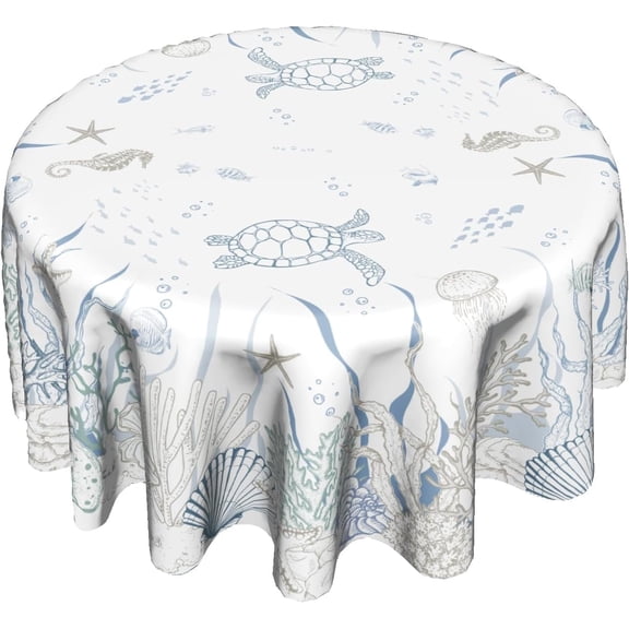 Nautical Coastal Round Tablecloth 60 Inch, Ocean Sea Turtle Seahorse Coral Seaweed Starfish Washable Reusable Table Cover for Dining Room Party Picnic Dinner Decor
