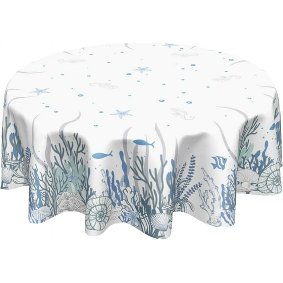 Nautical Coastal Round Tablecloth 60 Inch Summer Beach Blue Coral Starfish Seashell Print Table Cloth Ocean Theme Washable Polyester Table Cover for Kitchen Dining Room Party Indoor Outdoor Home Decor