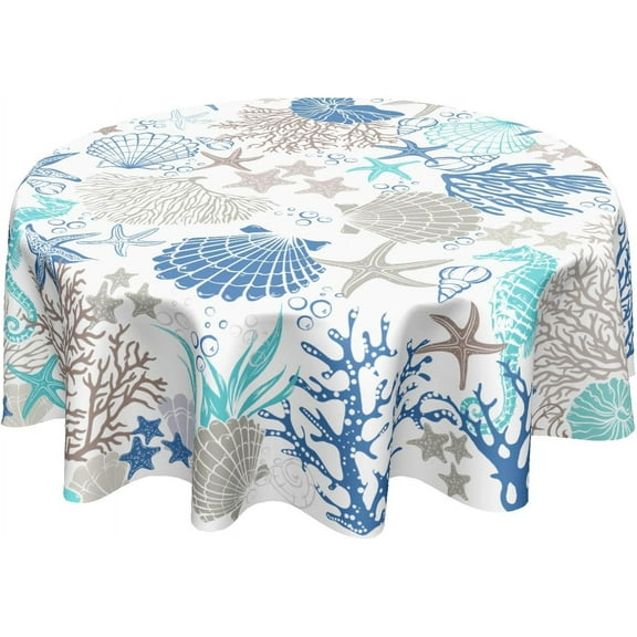 Nautical Coastal Round Tablecloth 60 Inch Summer Ocean Seashell Starfish Coral Sea Horse Table Cloth Rustic Farmhouse Beach Theme Table Cover for Kitchen Dinner Party Decor