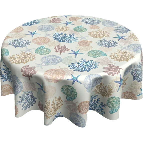 Nautical Coastal Round Tablecloth 60 Inch Summer Starfish Seashells Circle Table Cloth Ocean Coral Stain Resistant Table Cover for Kitchen Dining Picnic Parties Weddings Indoor Outdoor Decor