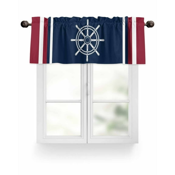 Nautical Coastal Rudder Kitchen Valances for Windows Navy Blue Red Stripes Valance Curtains for Kitchen /Living Room/Bedroom/ Bathroom Decor, 54"x18 " ,Rod Pocket 1 Panel,