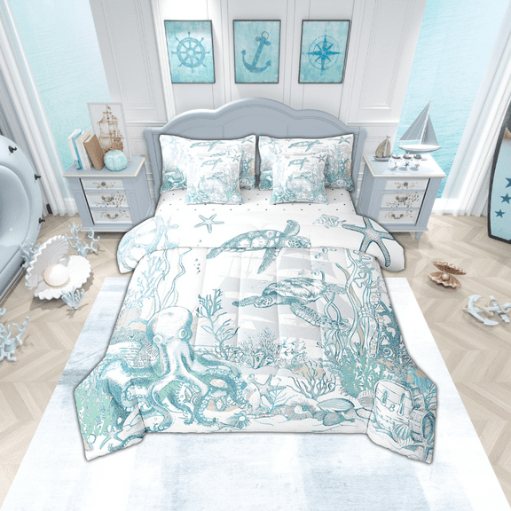 Nautical Coastal Sea Turtle Bed in a Bag King Comforter Set 7 Pieces,Ocean Beach Bedding Set Coral Octopus Sheet Sets with Comforter Seahorse Starfish Fish Bed Set,Sailboat Boat Anchor Room Decor