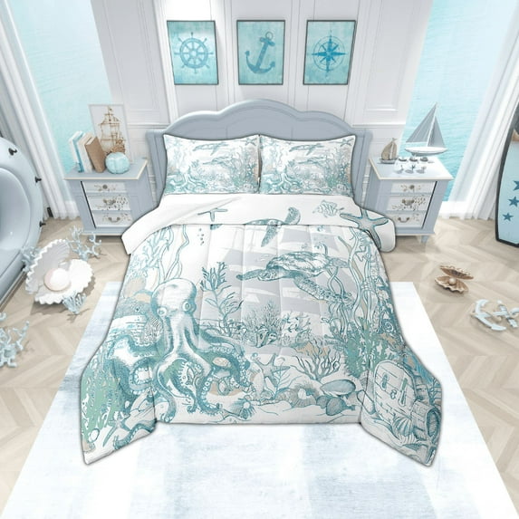 Nautical Coastal Sea Turtle Comforter Set Ocean Beach Bedding Comforter Sets Full,Coral Octopus Quilt Seahorse Starfish Fish Duvet Insert,Sailboat Boat Anchor Room Decor