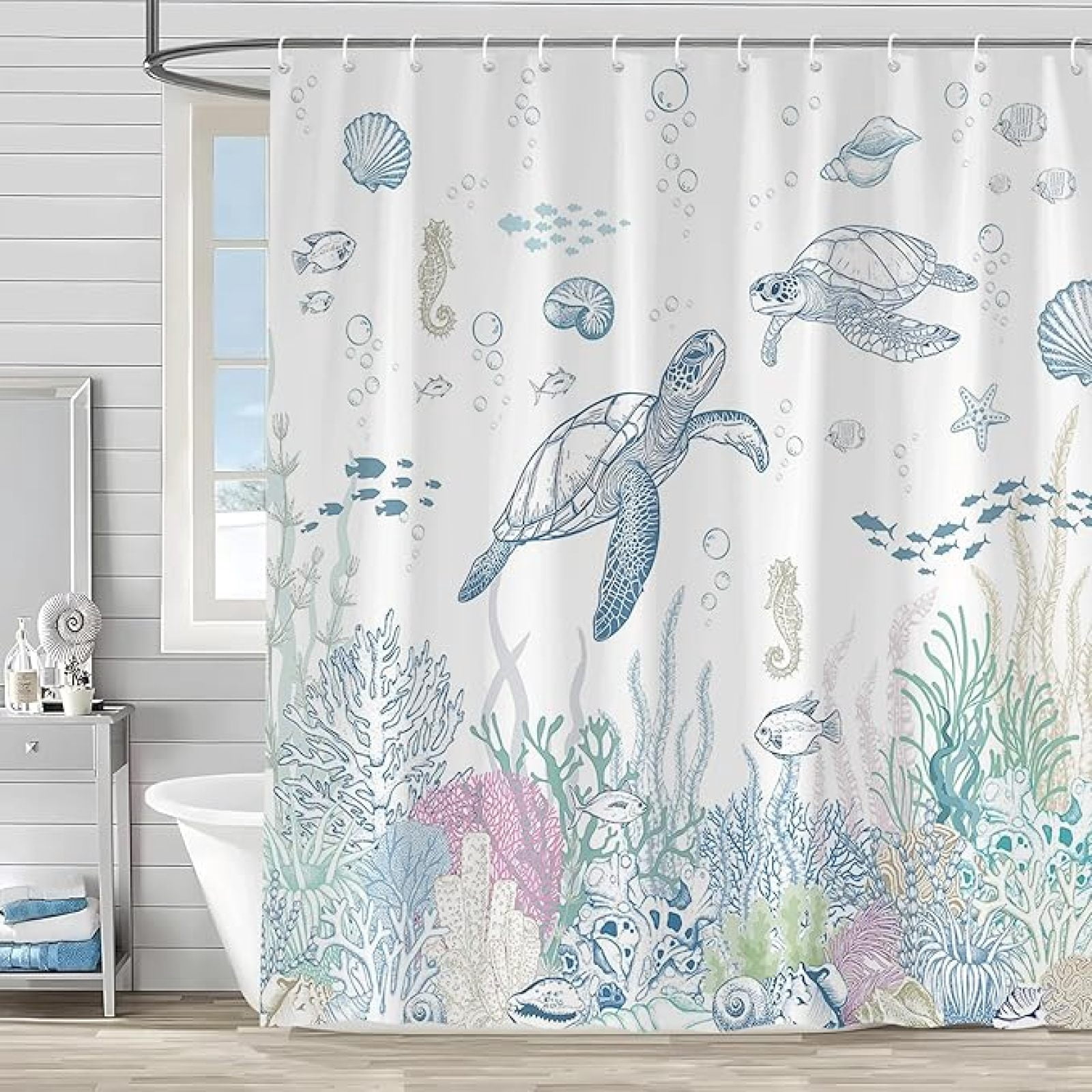 Nautical Coastal Sea Turtle Shower Curtain Ocean Beach Coral Fish ...
