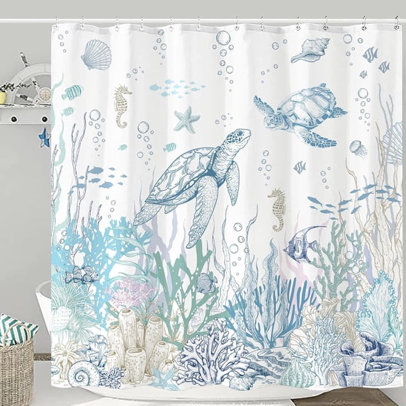 Nautical Coastal Sea Turtle Shower Curtain Ocean Beach Coral Fish Waterproof Fabric Shower Curtains for Bathroom Cute Seahorse Starfish Seashell Bath Curtain Decor (72'''' × 72'''')