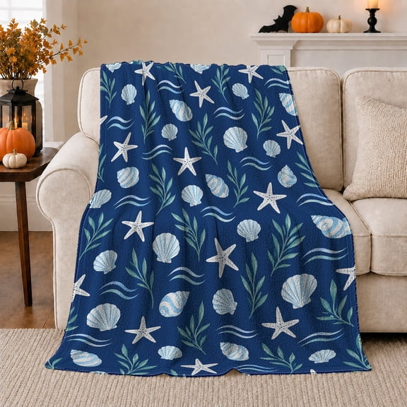 Nautical Coastal Seashell Starfish Pattern, Festive autumn celebration Scene, Warm Flannel Blanket for Beach House and Living Room, Art Lovers autumn celebration Gift, Festive Home Decor