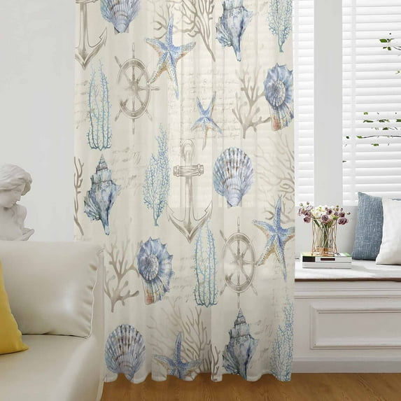 Nautical Coastal Semi Sheer Curtains Drapes for Living Room, Bedroom, French Doors Window 72 Inches Long, Vintage Beach Coral Starfish Shell Rod Pocket Chiffon Curtain Drapery Voile Draperies Panel