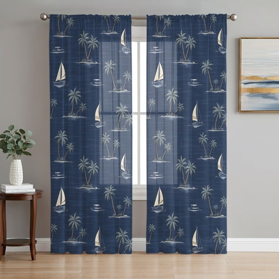 Nautical Coastal Sheer Curtains 96 Inch Length 2 Panels Set, Summer Sea Sailboat Palm Trees Navy Blue Voile Window Treatment Semi Sheer Long Curtains Drapes for Bedroom/Living Room/Kitchen 52"x96"x2