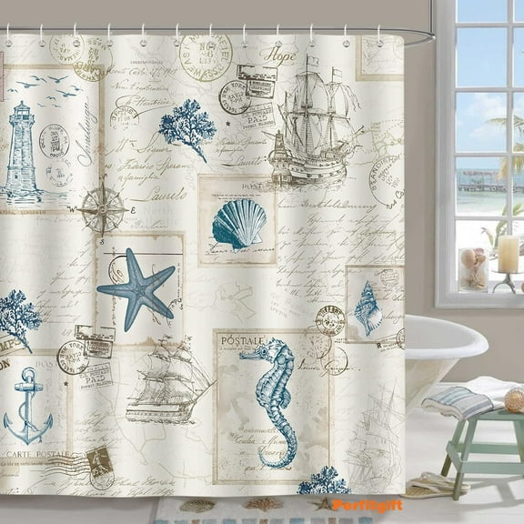 Nautical Coastal Shower Curtain 72 x 84 Inch Vintage Sailboat Compass Lighthouse Anchor Ocean Beach Seahorse Seashell Starfish Shower Curtains for Bathroom Decor, with 12 Hooks