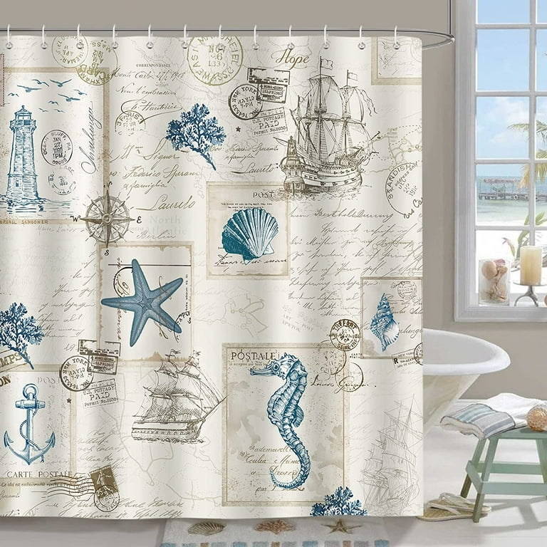 Nautical Coastal Shower Curtain 72 x 72 Inch Vintage Sailboat Lighthouse  Anchor Decorative Bath Curtain Polyester Fabric Waterproof Bathroom Curtain