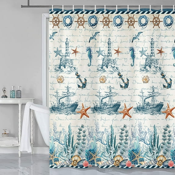 Nautical Coastal Shower Curtain for Bathroom, Vintage Sailboat Compass Lighthouse Anchor Ocean Beach Seahorse Seashell Starfish Shower Curtains for Bathroom Decor with 12 Hooks