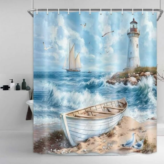Nautical Coastal Shower Curtain, Beach Ocean Shower Curtain Lighthouse Beach Sailboat Shower Curtain Set, Ocean Beach Lighthouse Bathroom Curtain Waterproof Blue Sea Bath Curtain,36X72 In