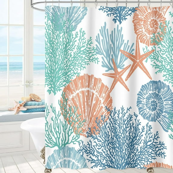Nautical Coastal Shower Curtain, Blue Orange Teal Beach Ocean Theme Shower Curtain for Bathroom Decor, Summer Tropical Seashell Starfish Coral Fabric Shower Curtain Set with Hooks, 72x72