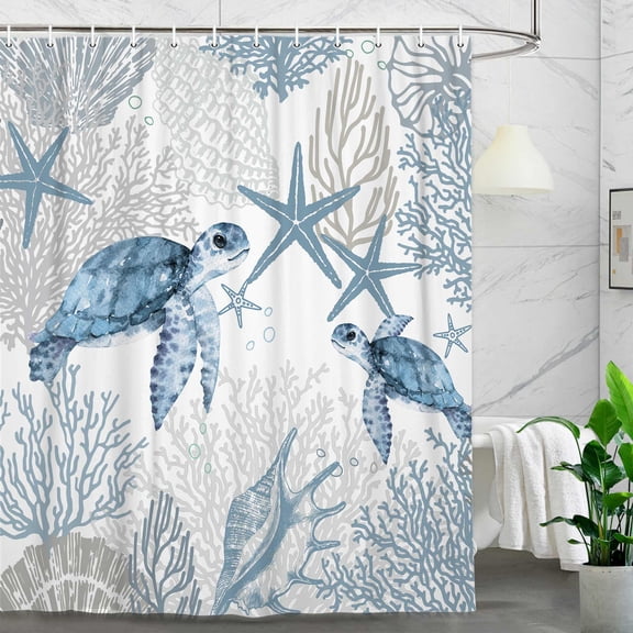 Nautical Coastal Shower Curtain, Blue Tropical Sea Turtle Seashell Starfish Bath Curtain Decor, Beach Waterproof Fabric for Shower Curtain Set with Hooks, 72X72in