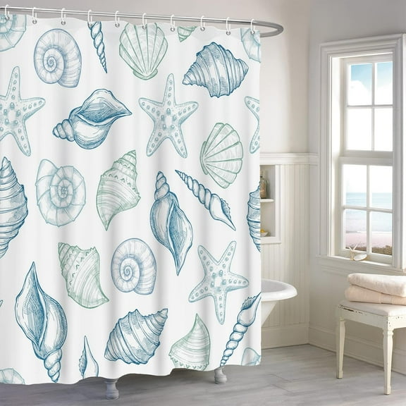 Nautical Coastal Shower Curtain, Conch Seashell Starfish Bathroom Curtain, Underwater Marine Ocean Theme Shower Curtain Set with 12 Hooks for Bathroom, 72" Wx72 L