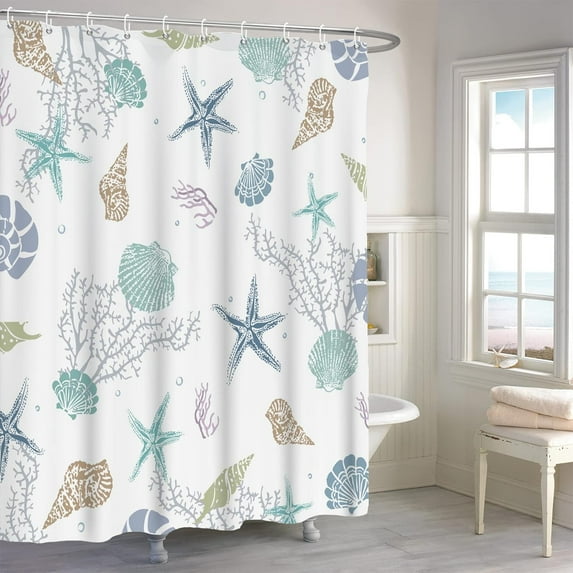 Nautical Coastal Shower Curtain, Coral Conch Starfish Seashell Bathroom Curtain, Ocean Theme Underwater Marine Shower Curtain Set with 12 Hooks for Bathroom 72" Wx72 L