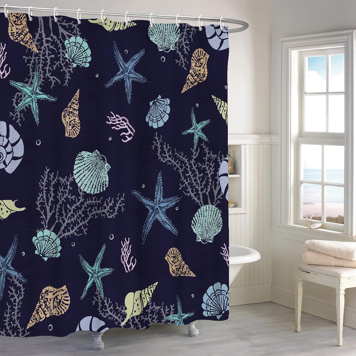 Nautical Coastal Shower Curtain, Coral Conch Starfish Seashell Bathroom Curtain, Ocean Theme ...