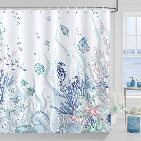 Nautical Coastal Shower Curtain Coral Seahorse Beach Ocean Blue Decorative Bath Curtain 72 x 72 Inch Polyester Fabric Waterproof Bathroom Curtain with 12 Hooks