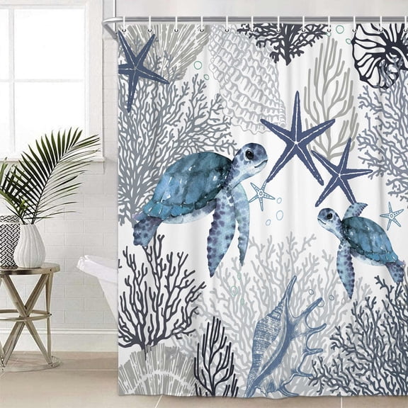 Nautical Coastal Shower Curtain, Gray Tropical Sea Turtle Seashell Starfish Bath Curtain Decor, Beach Waterproof Fabric for Shower Curtain Set with Hooks, 47X64in