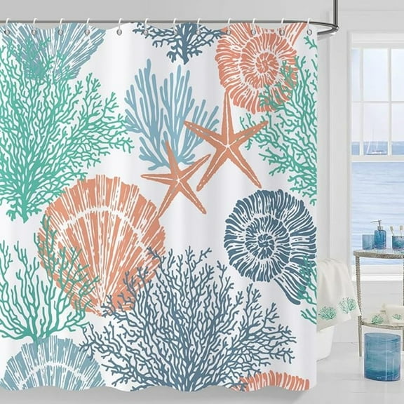 Nautical Coastal Shower Curtain, Green Navy Blue Orange Ocean Beach Seashell Starfish Themed Bathroom Curtain Waterproof Fabric Machine Washable With Hooks 36"W x 72"L