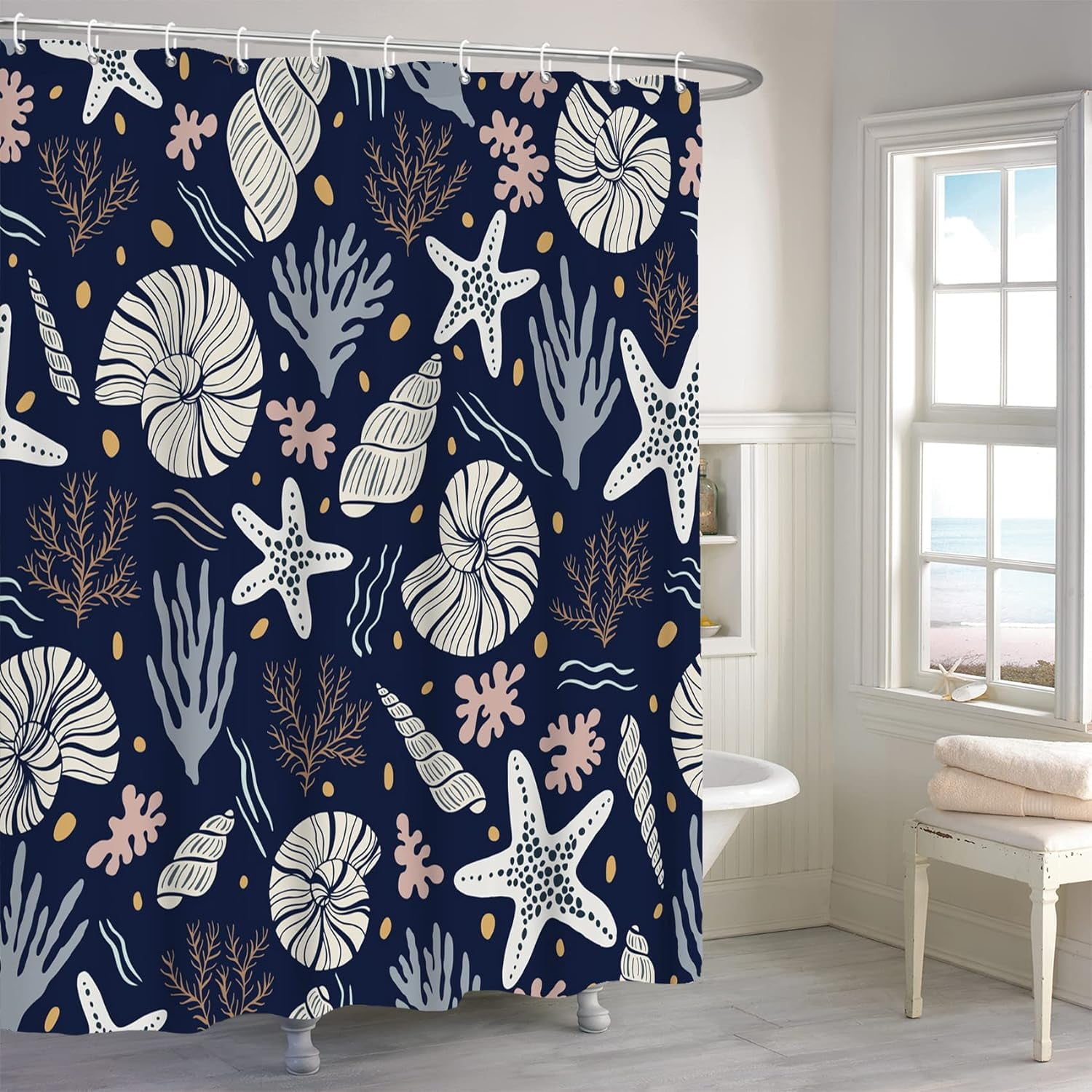 Nautical Coastal Shower Curtain, Navy Blue Sea Coral Conch Starfish ...