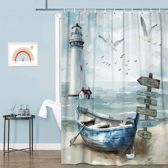 Nautical Coastal Shower Curtain, Ocean Beach Lighthouse Bathroom Decoration, Waterproof Fabric Seasides Sailboat Coastal Blue Teal Shower Curtain Set,70X75 Inch with Hooks