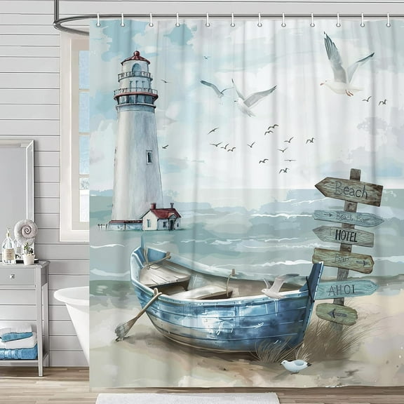 Nautical Coastal Shower Curtain, Ocean Beach Lighthouse Shower Curtain Set, Seasides Sailboat Coastal Blue Teal Decor Shower Curtain for Bathroom with Hook 47X64IN