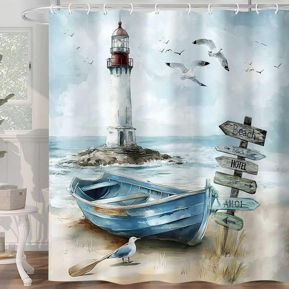 Nautical Coastal Shower Curtain, Ocean Beach Lighthouse Shower Curtain, Blue Teal Seasides Sailboat Bathroom Accessories Fabric Waterproof with Hooks, 72X72in