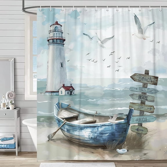 Nautical Coastal Shower Curtain, Ocean Beach Lighthouse Shower Curtain Set, Seasides Sailboat Coastal Blue Teal Decor Shower Curtain for Bathroom with Hook 60X70IN