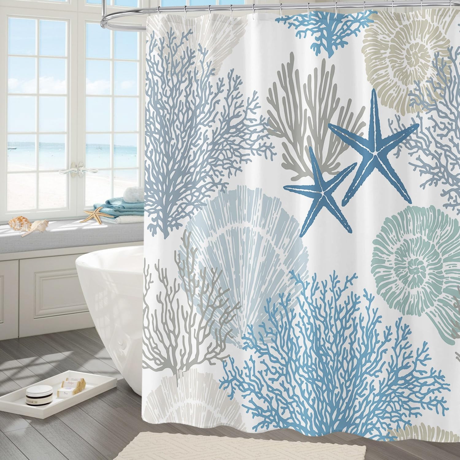 Nautical Coastal Shower Curtain, Ocean Beach Seashell Starfish Themed