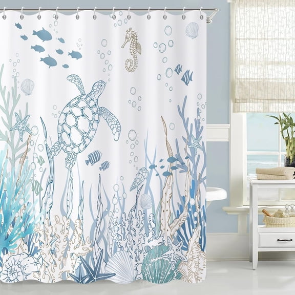 Nautical Coastal Shower Curtain, Ocean Beach Themed Teal Blue Sea Turtle Underwater Coral Starfish Seashell Bathroom Curtain Waterproof Fabric Machine Washable with Hooks, 36" Wx72 L