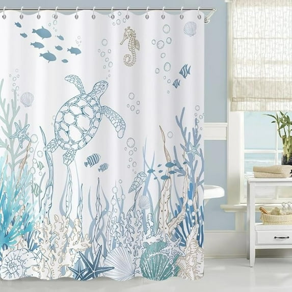Nautical Coastal Shower Curtain, Ocean Beach Themed Teal Blue Sea Turtle Underwater Coral Starfish Seashell Bathroom Curtain Waterproof Fabric Machine Washable With Hooks 72"W x 96"L