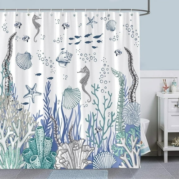 Bevtee Nautical Coastal Shower Curtain, Ocean Themed Coral Seahorse Seashell Starfish Beach Bath Curtain, Polyester Fabric Waterproof Bathroom Decor with 12 Hooks, 72x72
