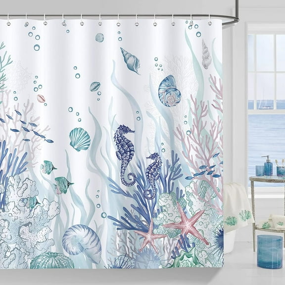 Nautical Coastal Shower Curtain, Ocean Themed Coral Seahorse Seashell Starfish Beach Shower Curtain, 72x72 Inch Polyester Fabric Waterproof Bathroom Curtain with 12 Hooks