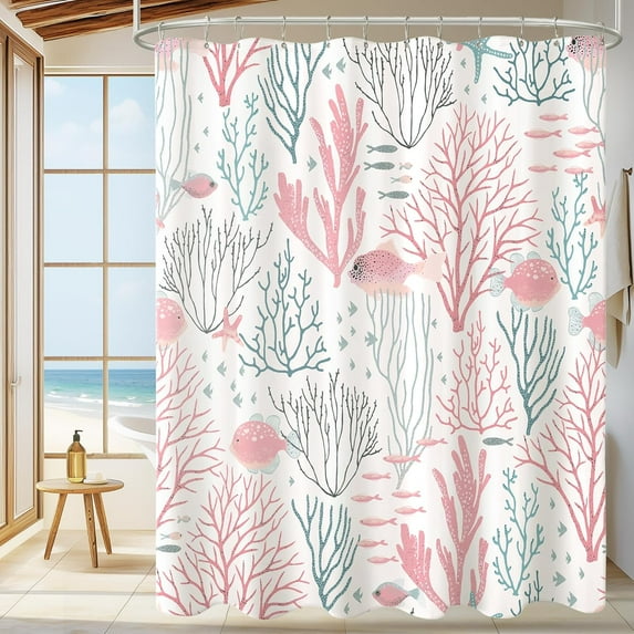 Nautical Coastal Shower Curtain, Pink Cute Beach Ocean Theme Fabric Shower Curtain, Colorful Funky Summer Coral Fish Starfish Shower Curtain Set, Fun Trendy Bathroom Decor, Ivory, 72x72