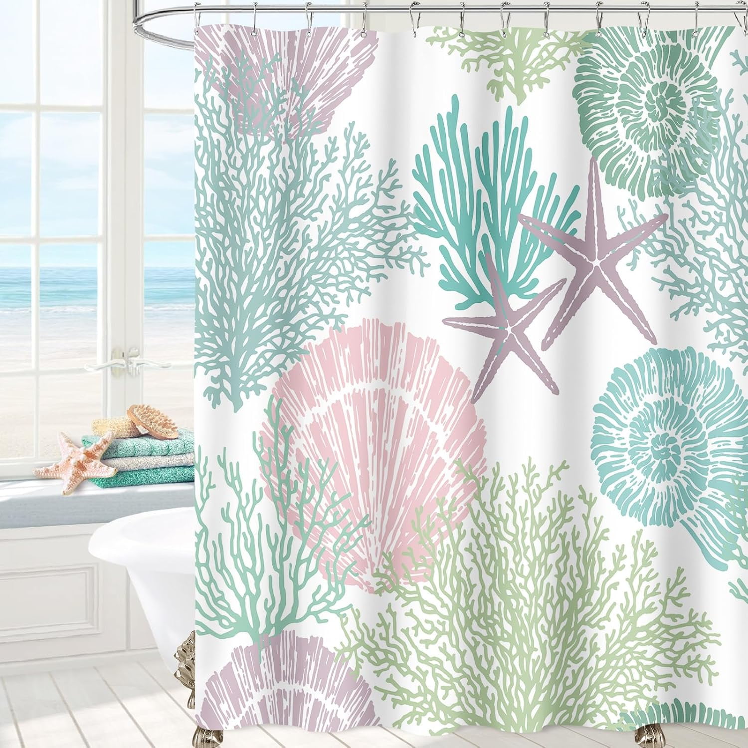 Nautical Coastal Shower Curtain, Pink Green Beach Ocean Theme Shower Curtain for Bathroom Decor, Summer Tropical Seashell Starfish Coral Fabric Shower Curtain Set with Hooks, 72x72