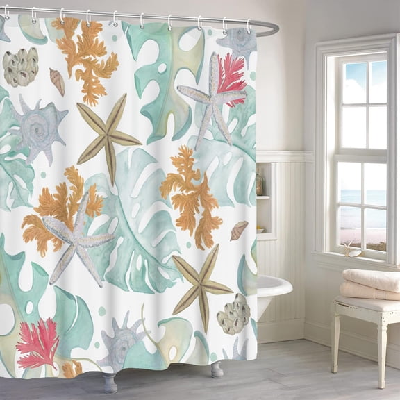 Nautical Coastal Shower Curtain, Starfish Conch Seashell Sea Anemone Leaves Bathroom Curtain, Underwater Marine Ocean Theme Shower Curtain Set with 12 Hooks for Bathroom, 72" Wx72 L