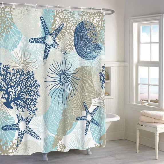 Nautical Coastal Shower Curtain, Starfish Coral Conch Bathroom Curtain, Ocean Theme Underwater Marine Shower Curtain Set with 12 Hooks for Bathroom, 72" Wx72 L