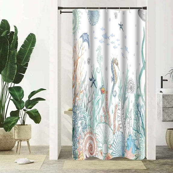 Nautical Coastal Shower Curtain Teal Ocean Coral Starfish Seashell Decorative Bathroom Curtain 36x72Inch Washable Polyester Fabric Underwater Marine Life Beach Shower Curtains Set with 6 Hooks