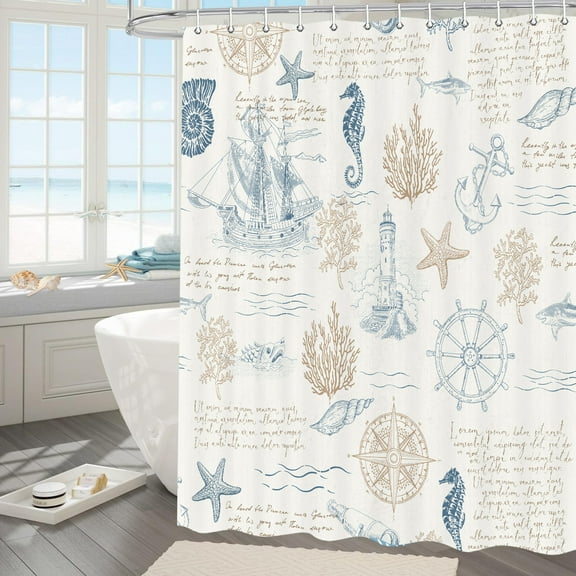 Nautical Coastal Shower Curtain, Vintage Lighthouse Sailboat Compass Anchor Seashell Blue Ocean Shower Curtain Sets for Bathroom, Retro Polyester Bathtub Decor Accessories with Hooks 70X70in