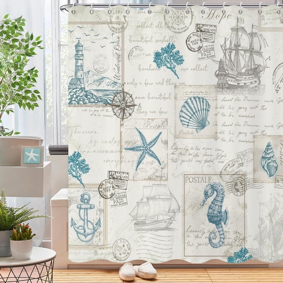 Nautical Coastal Shower Curtain, Vintage Starfish Starfish Seashell Seahorse Sailboat Compass Lighthouse Anchor Ocean Beach Themed Bathroom Curtain Waterproof with Hooks, 72" Wx84 L