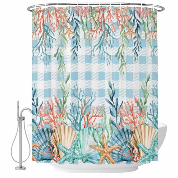 Nautical Coastal Shower Curtain, Waterproof Shower Curtains for Bathroom, Summer Beach Shell Coral Seaweed Blue Plaid Washable Fabric Bathtub Curtain Set Bath Decor with 12 Hooks 72"x78"